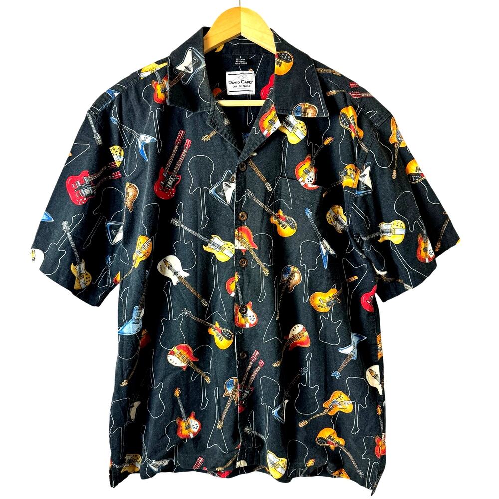 David Carey Originals Black All Over Guitar Print Hawaiian Shirt Mens Size Large